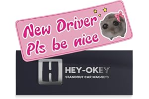 HEY-OKEY New Driver Magnet for Car - Funny Cute Hamster Please Be Patient Reflective Magnetic Bumper Sticker - Removable Novice Rookie Safety Caution Sign - Weather-Resistant 10 x 3.5 in - Baby Pink