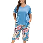 MUKVIK Plus Size Pajamas for Women Set, Womens Plus Size Short Sleeve V Neck Capri Pants Pajama Sets with Pockets