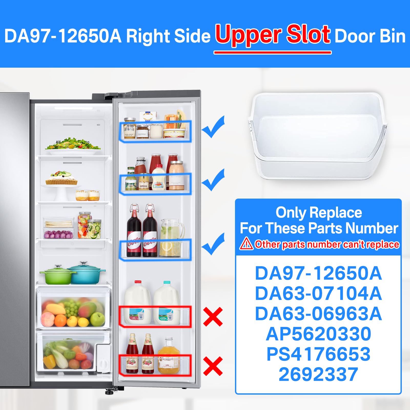 DA97-12650A Door Shelf Bin Right Side for Samsung Refrigerator Door Shelf Replacement for Samsung RF263BEAESR RF261BEAESR RF260BEAESR Door Bin for Samsung Fridge Door Shelves With 5 Fridge Magnets