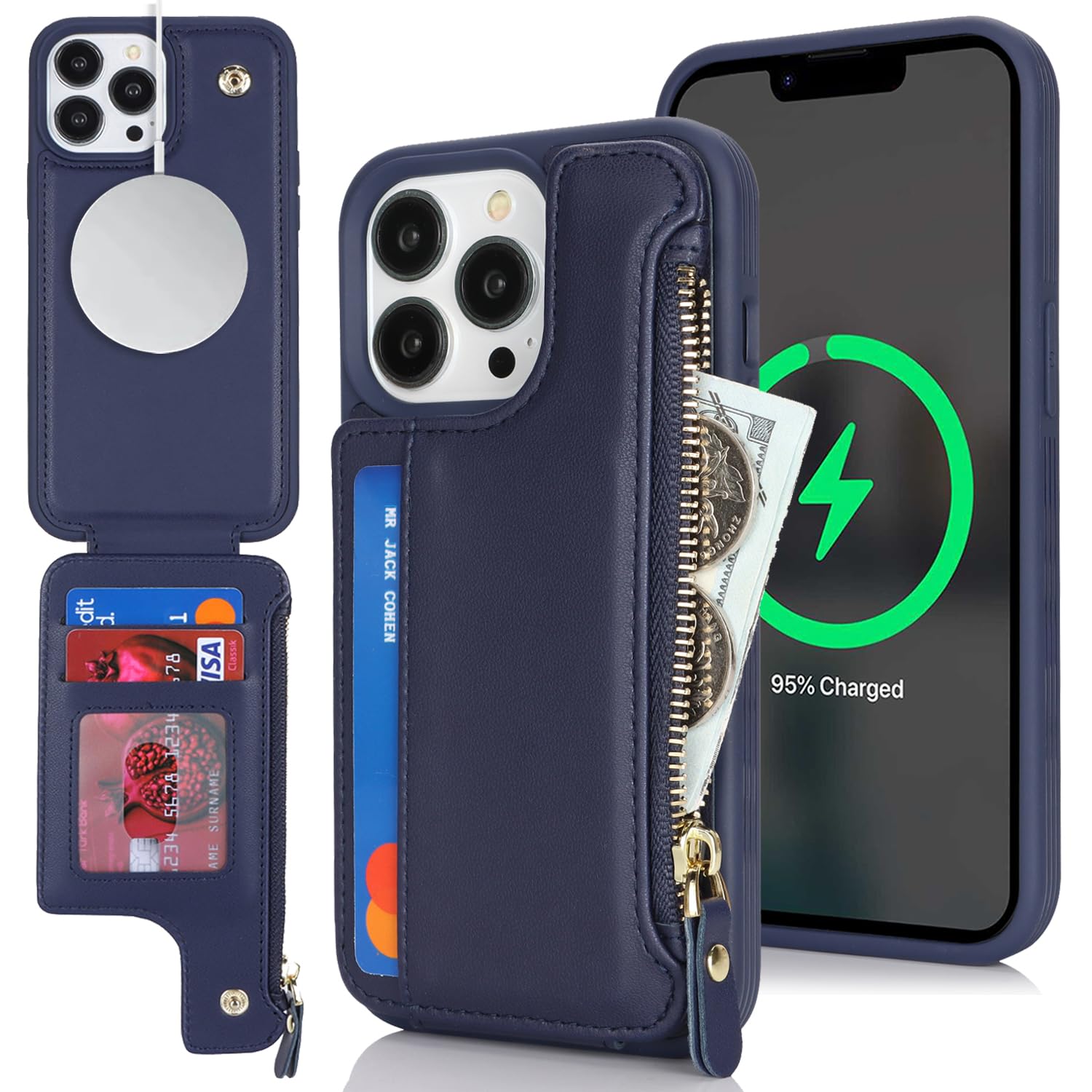 SailorTech iPhone 13 Pro Case with Credit Card Holder magsafe, iPhone 13 Pro Phone Leather Case Wallet for Women Compatible mag safe Card Slots Zipper Shockproof Case for Men - Blue