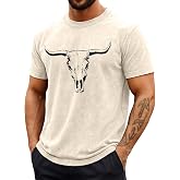 IOCVUFK Mens Western Country Cowboy Shirts Boho Bull Skull Graphic Shirt | Country Western Mens Tops Country Concert Acid Washed Tee Rodeo Outfits For Men Cowboy Western Outfits Retro Cowboy Tops