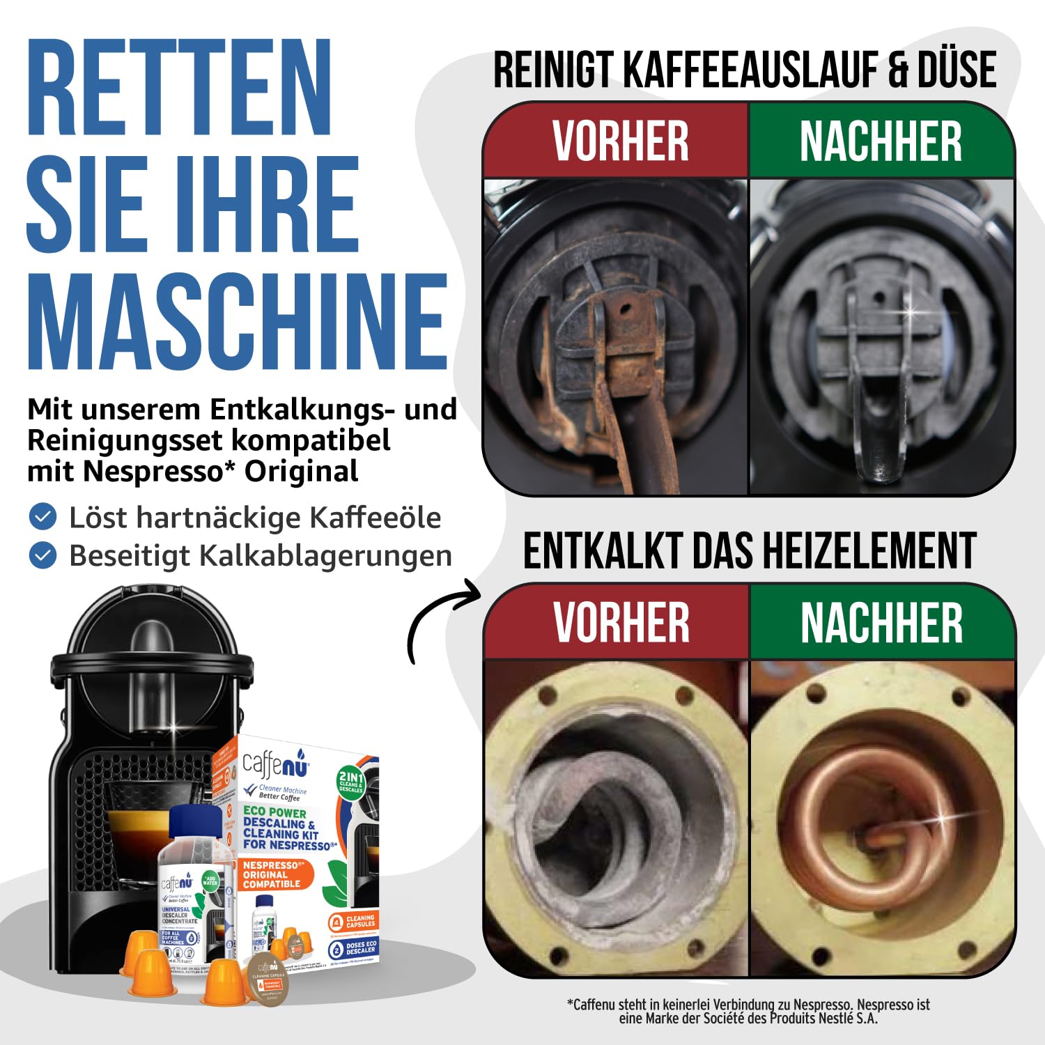 Caffenu Nespresso Original kompatibles Reinigungs-Set | 2x Flüssig Entkalker | 4x Reinigungskapseln | Verhindert Maschinenausfälle | Natürliche Formel | Für perfekten Kaffeegenuss | 4-Monats-Packung 2