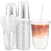 Ziliny 16oz 50 Set Plastic Cups with Lids and Straws, Disposable Clear Iced Coffee Cup with Lids Round Bottom Plastic Cup for Cold Beverage Drinks Juice Smoothie Coffee Shops Party(Classic Lid)