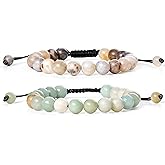Bivei Natural Gemstone Semi Precious Crystals Handmade Stretchy Round Beads Bracelet, Enhance Positive Energy(Adjustable Bamboo Leaf Agate & Amazonite(Good Luck) Adjustable(6.9-8.5'))