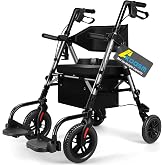Foldable Walkers for Seniors with Seat, 2 in 1 Rollator Wheelchair Combo | 300lb Capacity, All Terrain 10" Front Wheel, Lightweight, Adjustable Height, Rolling with Brakes, Cup &amp; Cane Holders, Grey