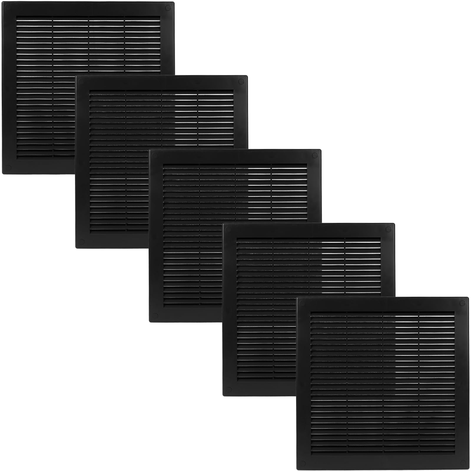 Vent Systems 300 x 300 mm / 12'' x 12'' Inch Black Soffit Vent Cover - Pack of 5 - Flat Square Air Vent Louver - Grille Cover - Built-in Insect Screen - HVAC Vents for Bathroom, Home Office, Kitchen
