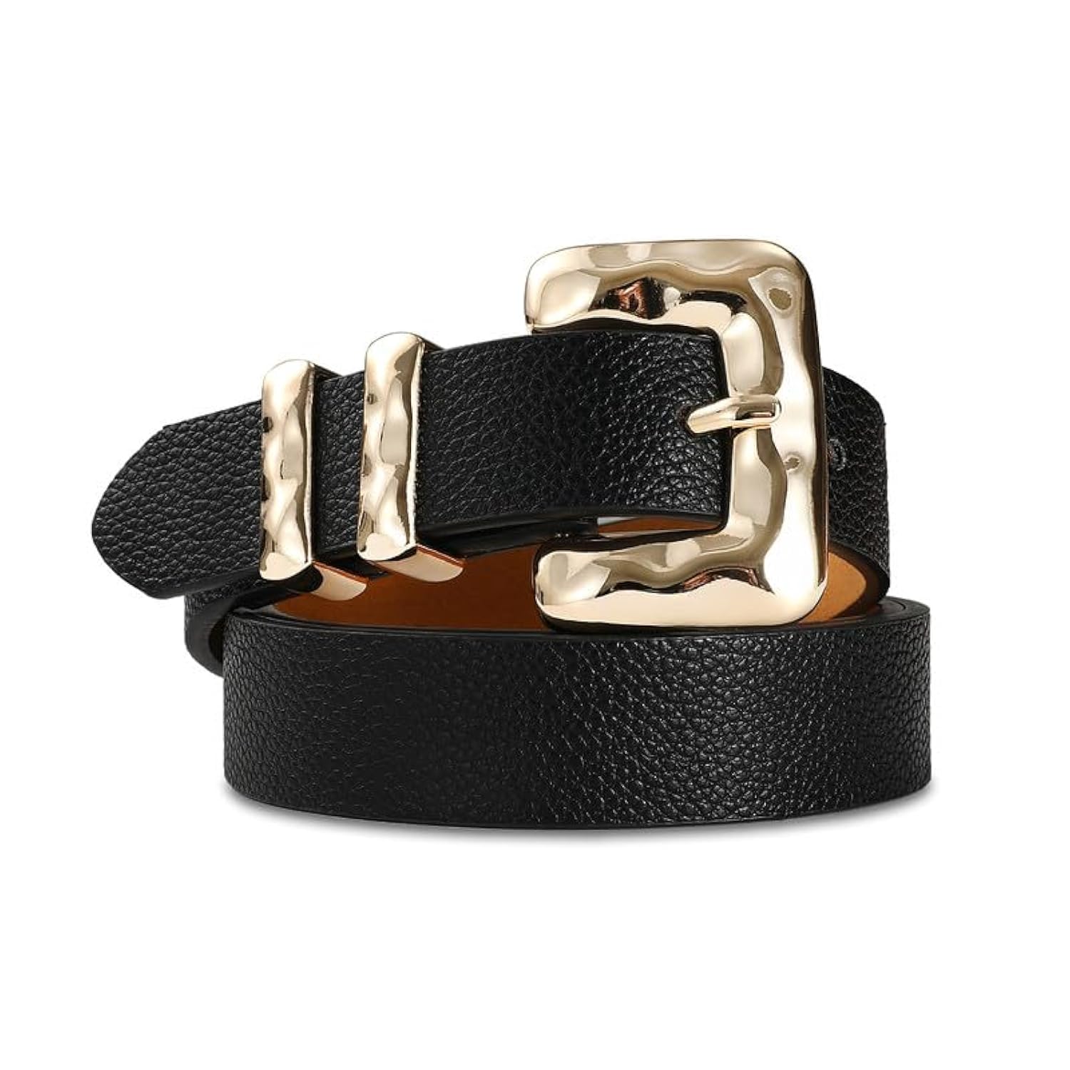 Women Black Skinny Belt With Gold Square Buckle Casual Fashion