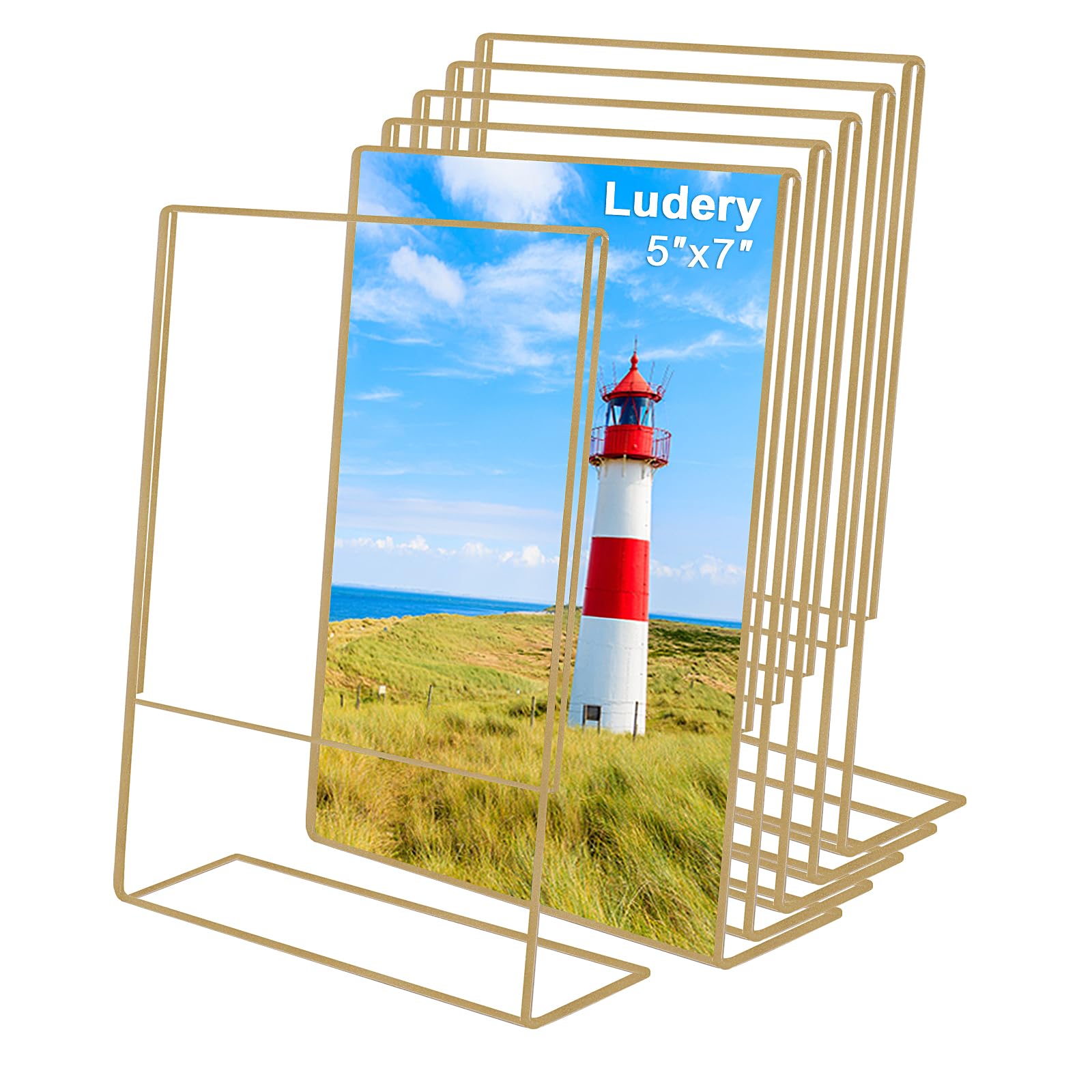 Photo 1 of Ludery 5x7 Gold Picture Frames, Clear Frameless Picture Frames, 6 Pack Acrylic Self Standing Photo Frames for Wedding Table Numbers, Restaurant Signs, Photos and Art Display