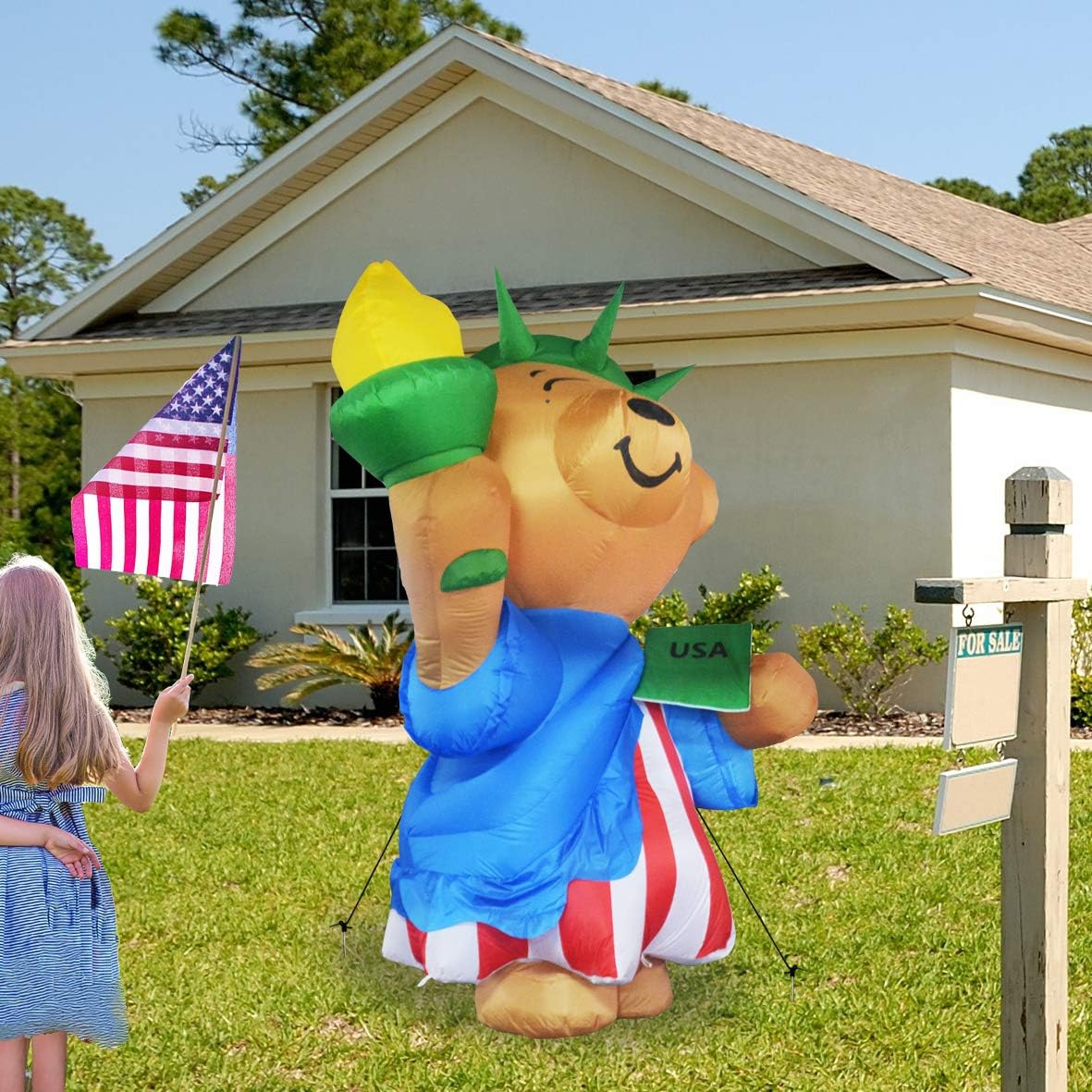 GOOSH 6 ft Tall Patriotic Independence Day Inflatable American Bear with Torch and USA Book Blowup Inflatables with Build-in LED Lights for Party Indoor,Outdoor,Yard,Garden,Lawn Decorations: Garden & Outdoor