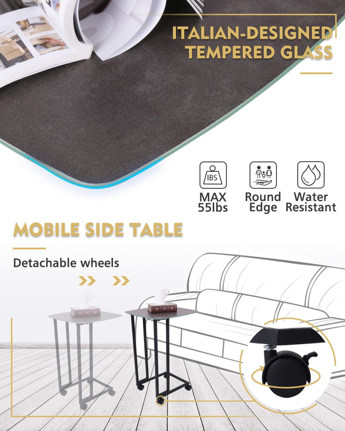 Modern End Table, Rolling C Shaped Side Table with Casters, Italian-Designed Tempered Glass Top, Weatherproof Outdoor & Indoor, Dark Gray Finish Coffee Table, Nightstand, TV Trays, ET220A-GY: Kitchen & Dining