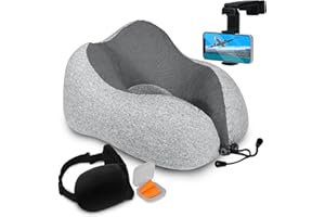HOMEIFY Airplane Neck Pillow Includes Travel Pillow + Airplane Phone Holder Mount + Eye Masks + Earplugs for Travel, 100% Pure Memory Foam Travel Pillow, 5 Pc Travel Kit,
