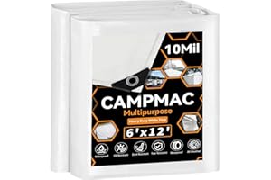 CAMPMAC White Heavy Dut Waterproof Tarp 6' x 12', 10 Mil Thick, High Durability, Rip and Tear Resistant with Metal Grommets Every 20 Inches