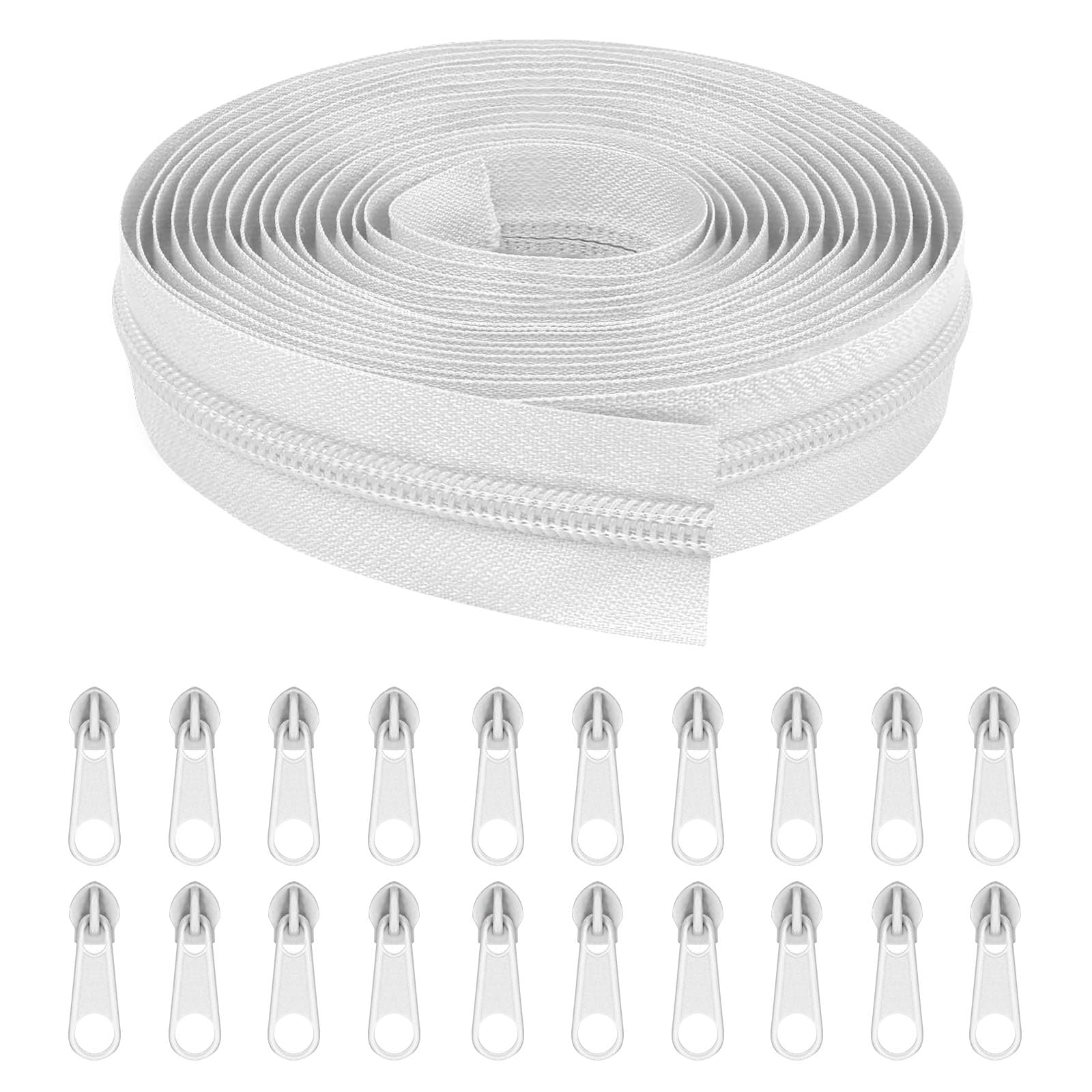 Photo 1 of 10 Yards White Nylon Coil Zipper for Sewing, #3 Bulk Zippers with 20PCS Sliders - Perfect for DIY Craft Bags, Automatic Needle Threader & Stitch Remover Tool