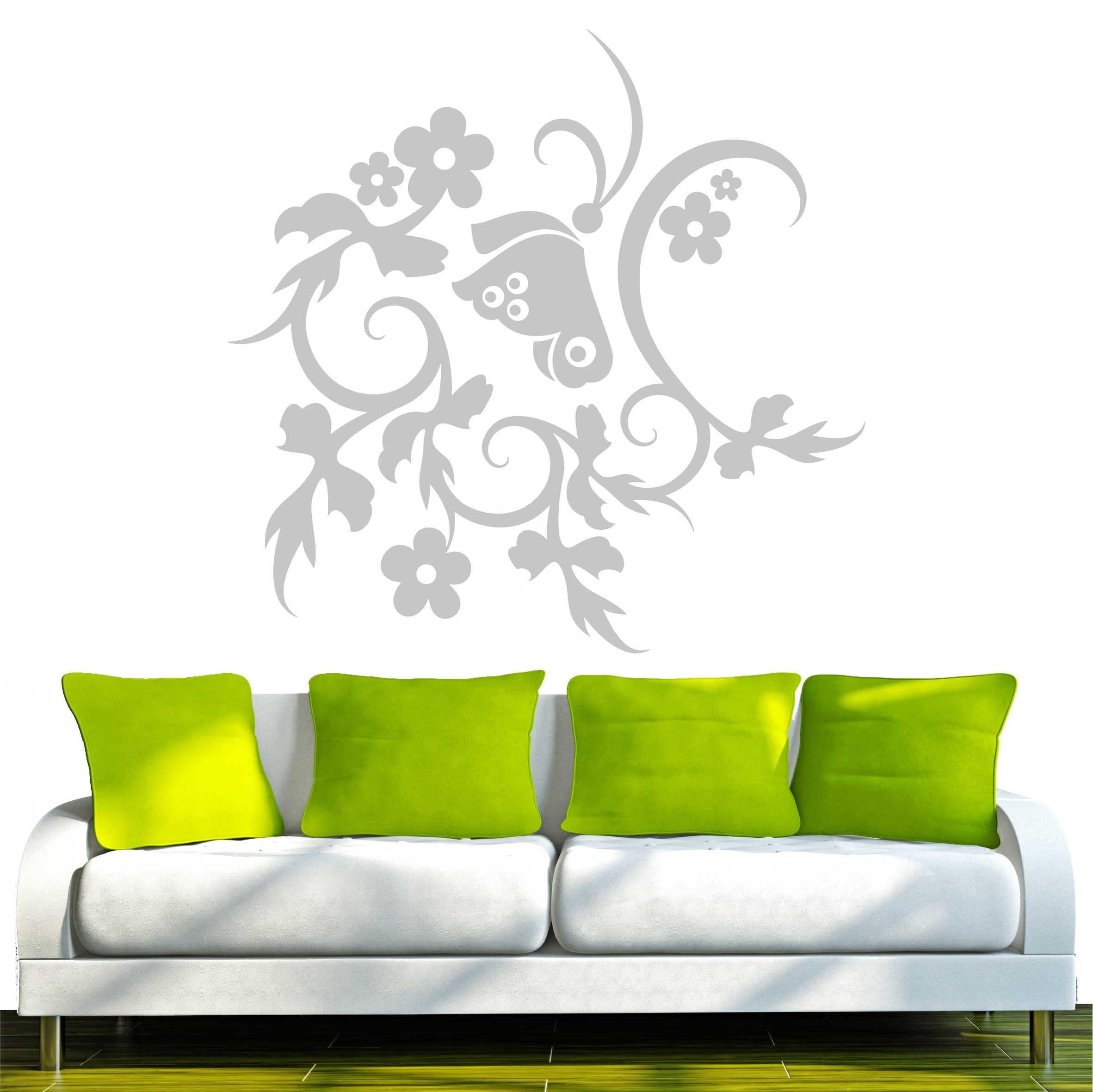 INDIGOS 4051095663706 Wall Sticker Vinyl Wall Art Sticker D157 Beautiful Butterflies with Nice Plant Tribal, Silver, 80 x 78 cm