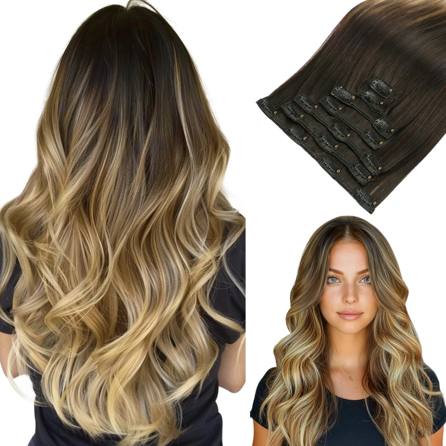 Clip in Hair Extensions, hotbanana Balayage Ombre Brown to Dirty Blonde Clip in Hair Extension Real Human Hair Straight Remy Hair Clips in Hair Extensions 14 inch 120g 7pcs — image 1