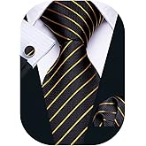 Barry.Wang Tie Sets for Men Silk Stripe Necktie Woven Checkered Handkerchief Cufflinks Formal Business Wedding