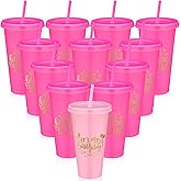 Jingmore Birthday Party Tumblers 24 oz Squad Plastic Tumblers with Lid and Straw for 20th 30th 40th 50th 60th Birthday Decorations Favor for Women Adults (Pink, Rose Red,12 Pcs)