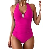 B2prity One Piece Swimsuit for Women Tummy Control Halter Bathing Suit V Neck Push Up Swim Suit Ruched Swimwear
