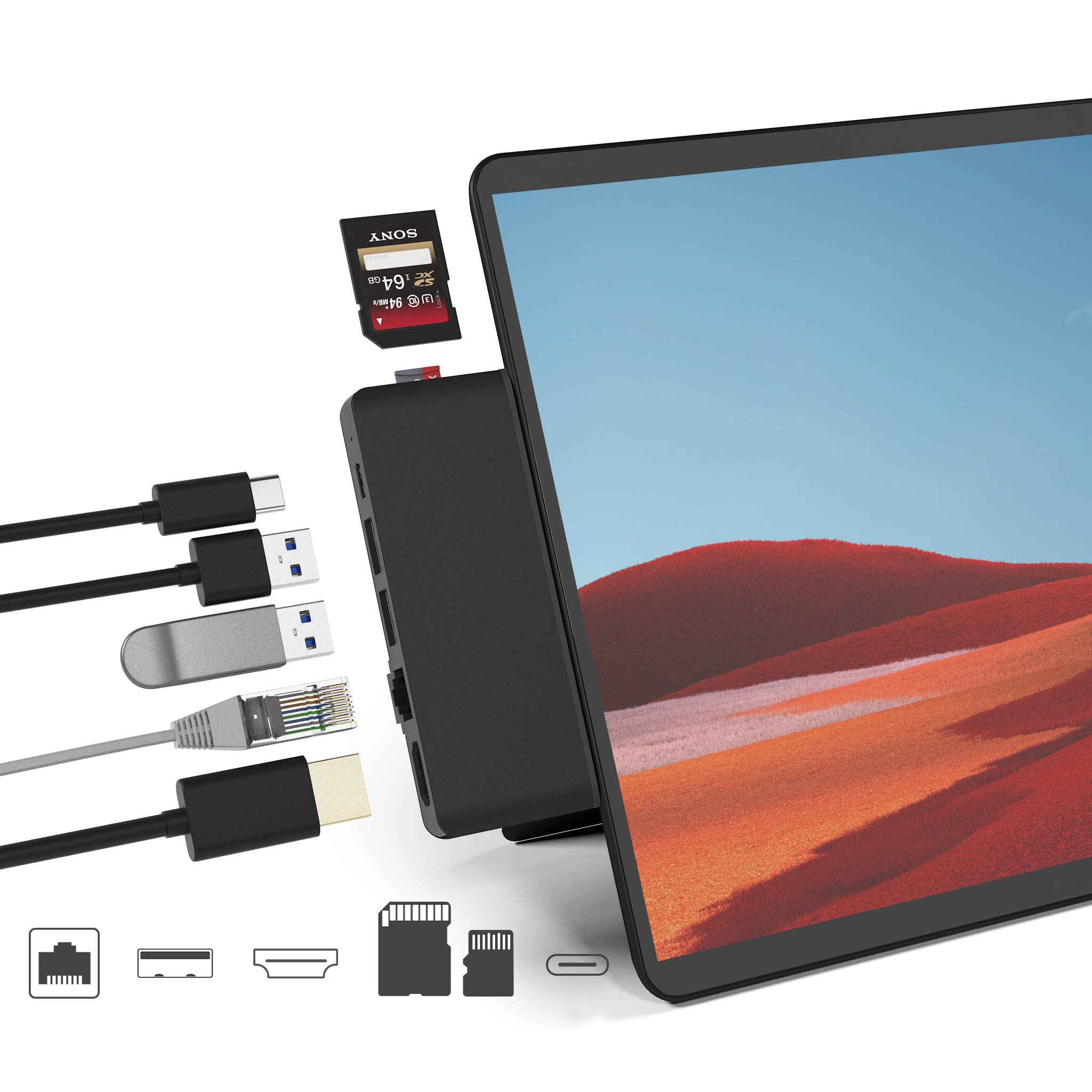 Surface Pro X Hub Docking Station, 7-in-2 Converter Adaptor with 4K HDMI +1000 Mbps Gigabit Ethernet LAN+ USB C Audio & Data transfer Port +2 USB 3.0 +SD/TF Card Reader for Microsoft Surface Pro X
