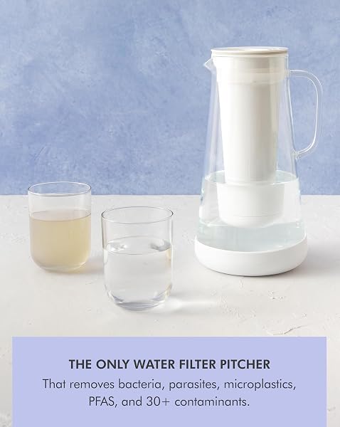 LIFESTRAW HOME — WATER FILTER PITCHER, 7-CUP, WHITE, GLASS WITH SILICONE BASE, BPA FREE DESIGNED FOR EVERYDAY PROTECTION AGAINST BACTERIA, PARASITES, MICROPLASTICS, LEAD, MERCURY