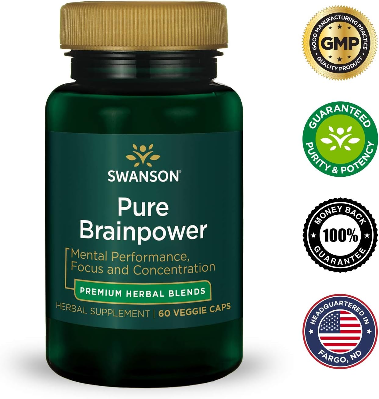 Swanson Pure Brainpower Brain Health Cognitive Memory Focus Support Brain-Derived Neurotrophic Factor (BDNF) Herbal Supplement (Ginkgo Biloba, Bacopa Monnieri) 60 Veggie Capsules (Veg Caps) Vegan: Health & Personal Care