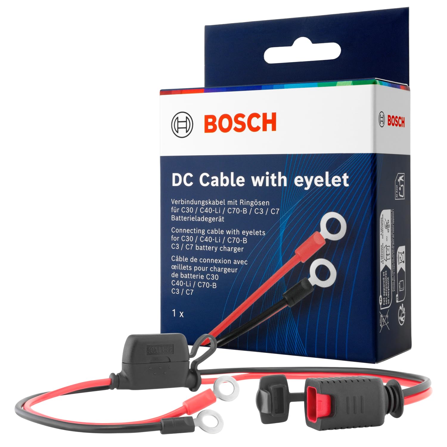 Bosch Connection Cable for Battery Chargers - Battery Cable with Ring Lugs and 10 A Fuse - Original Quality Spare Part - M6 Eyelets, 52 Cm Cable - 0189999270