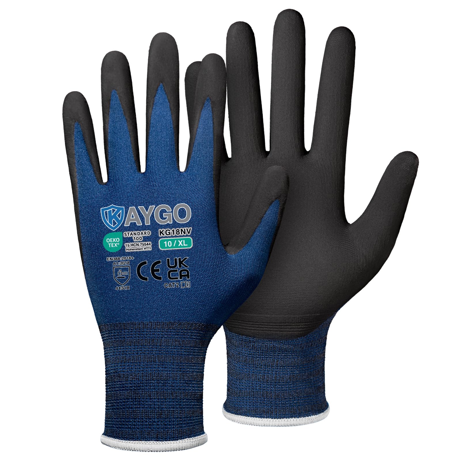 KAYGO Safety Work Gloves MicroFoam Nitrile Coated 12 Pairs, KG18N, Seamless Knit Nylon Glove with Abrasion and Oil Resistant Grip, Ideal for General Purpose, Automotive, DIY (X-Large, Navy Blue)