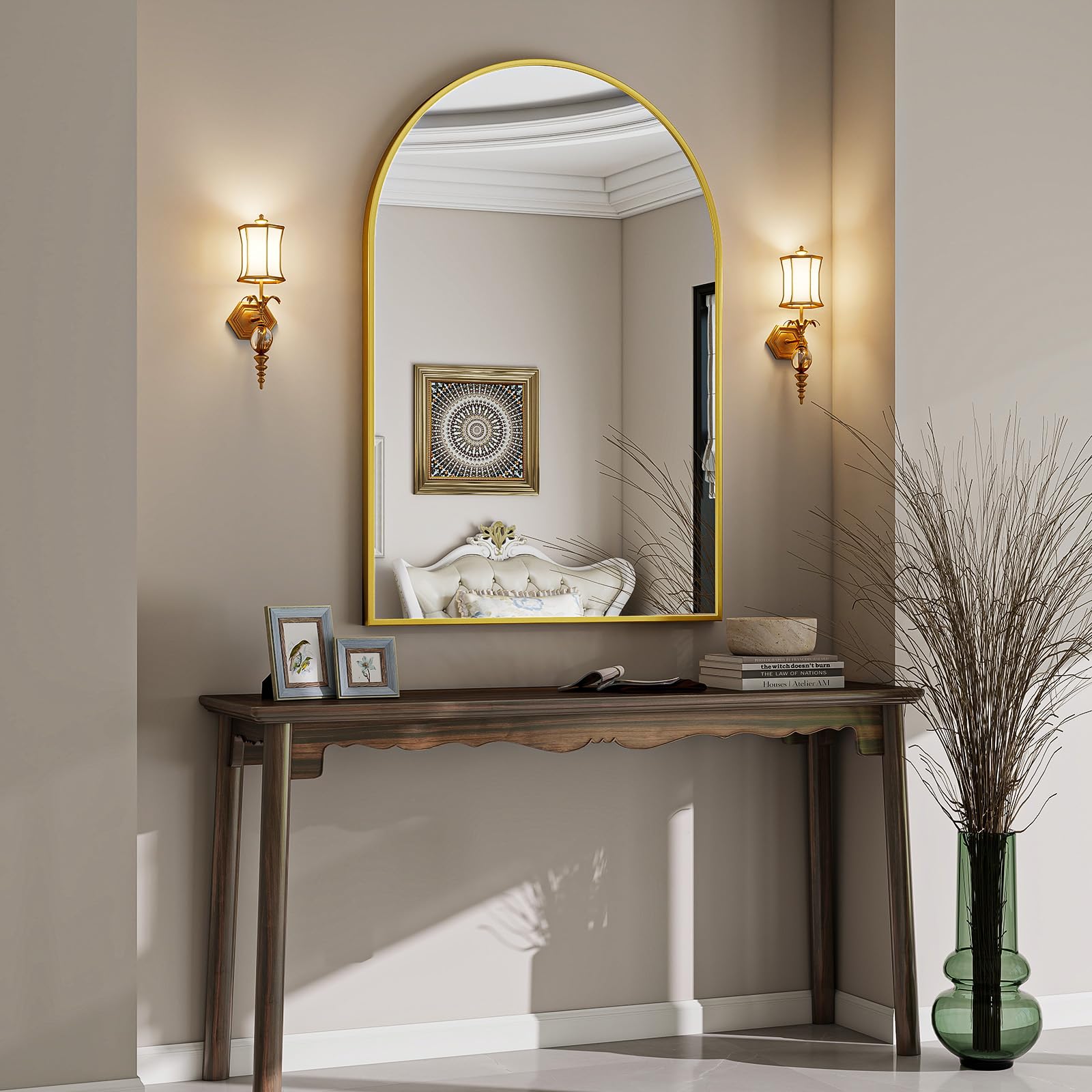 VooBang Large Arched Wall Mirror, 32 x 48 inch Arch Bathroom Mirror, Wall Mounted Vanity Mirror with Arch Metal Frame, Modern Bathroom Vanity Mirror for Bedroom, Living Room, Hanging or Leaning, Gold