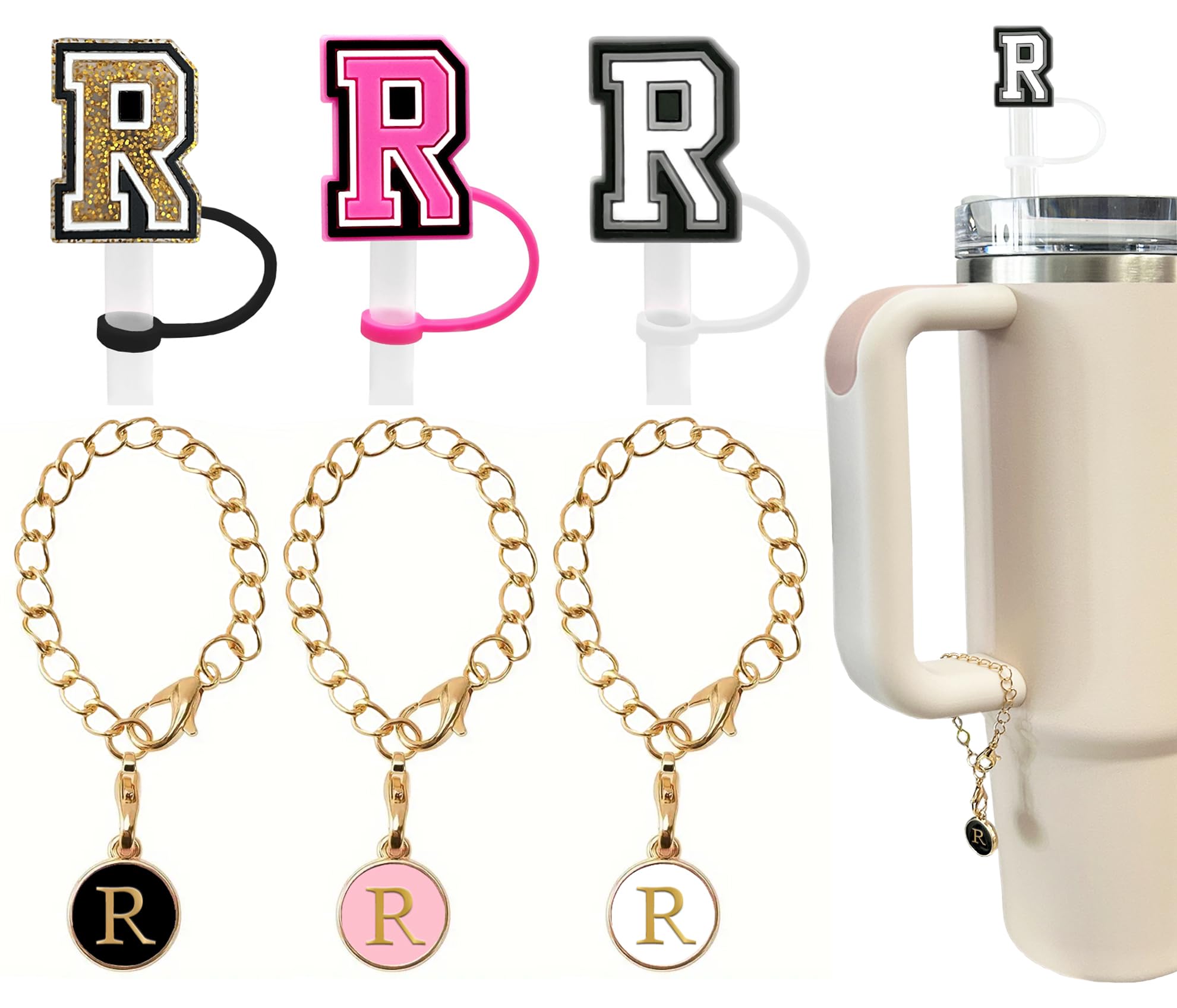 Photo 1 of ?3 +3) 3PCS Nuozme Straw Cover 10mm For Stanley Tumbler Cup Reusable Straw Cap Topper with 3 Initial Letter Charms Accessories Name ID Personalized Handle Charm For Stanley 30&40 Oz Cup Tumbler