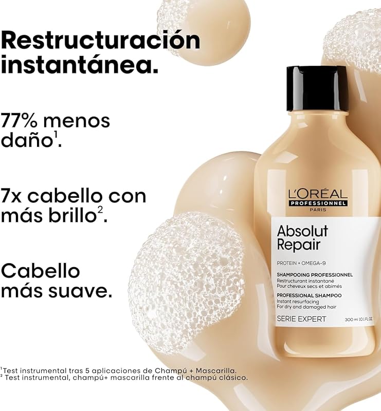 L’Oréal Professionnel, Champú Tratamiento Reconstructor para Pelo Seco y Dañado, Absolut Repair, 300ml