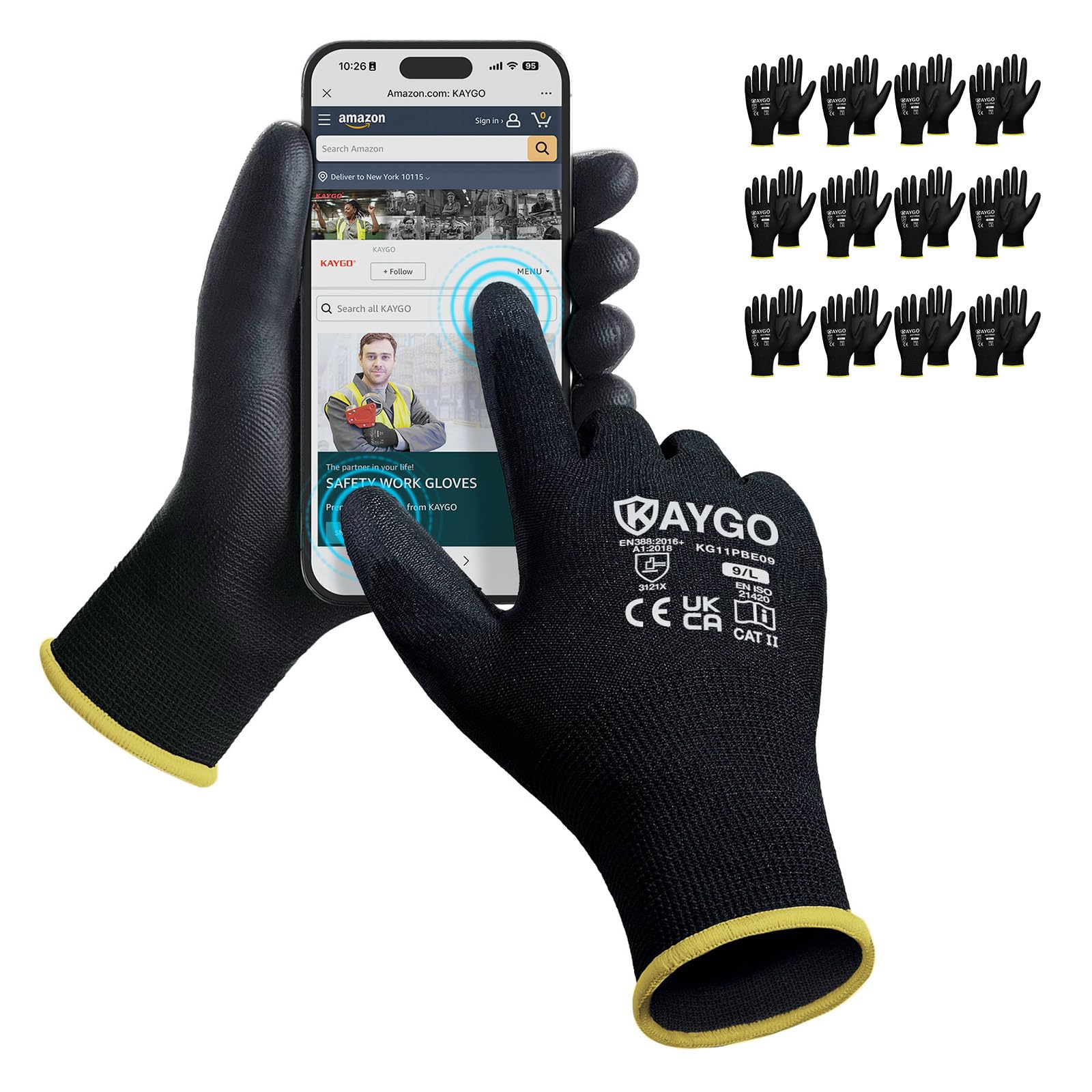 KAYGO Work Gloves PU Coated 12 Pairs Touchscreen, KG11PBE, Safety Working Gloves with Secure Grip on Palm & Fingers, for Men and Women, Ideal for General Duty Work, Gardening (Large, Black)