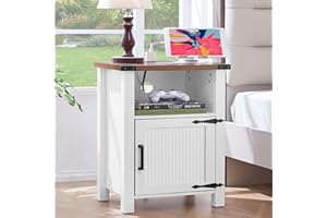 Joaxswe Nightstand with Charger Station and USB Port, 18 Inch Farmhouse Night Stand with Storage Shelf, Modern Couch Side Table with Magnetic Door, Bedside Tables for Bedroom, Home, Antique White
