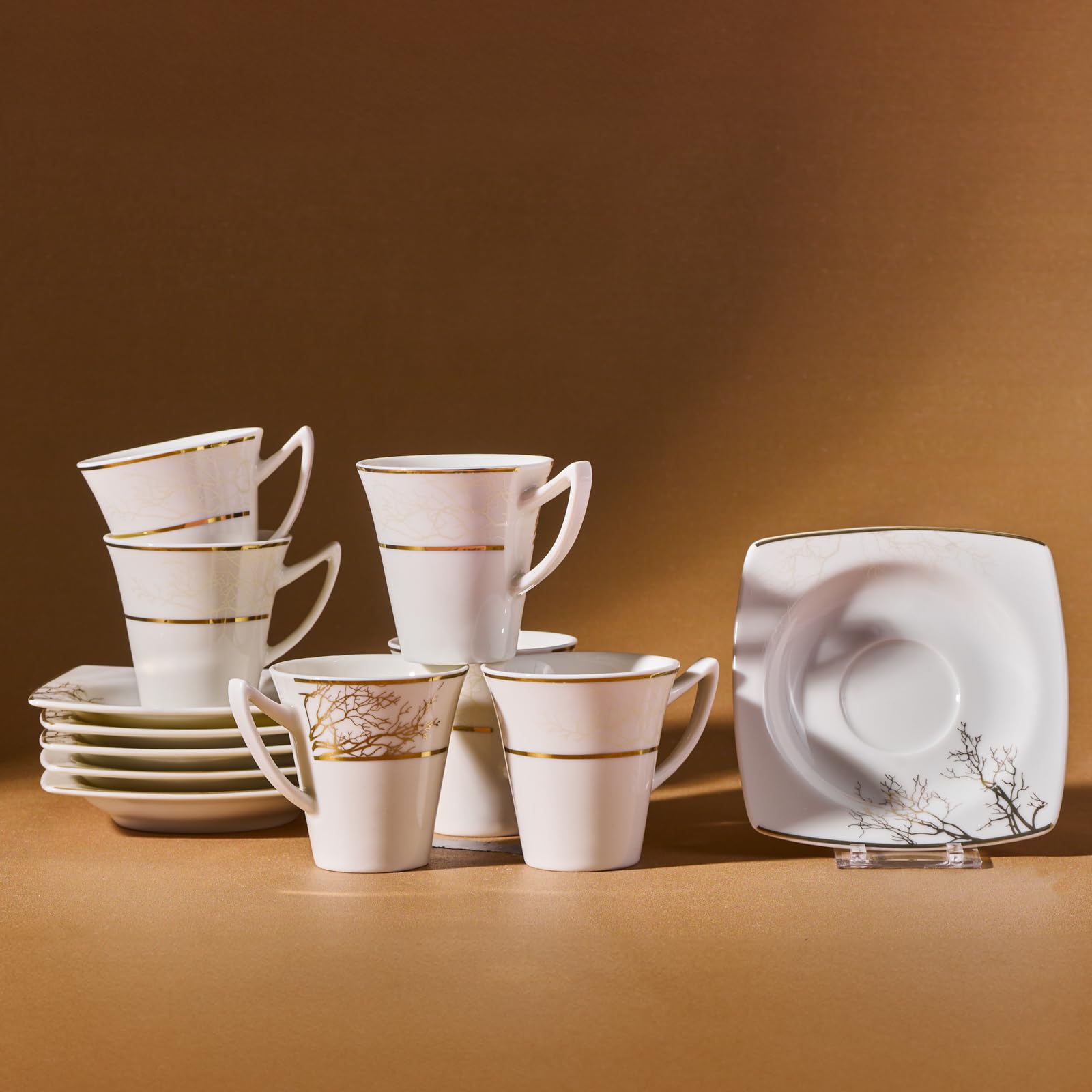 KARACA Autumn Turkish Coffee Cup Set for 6 People - 12 Piece Coffee Cups with Saucers - Small Porcelain Espresso Set - Ideal for Serving Greek, Arabic Coffee (90 ml)