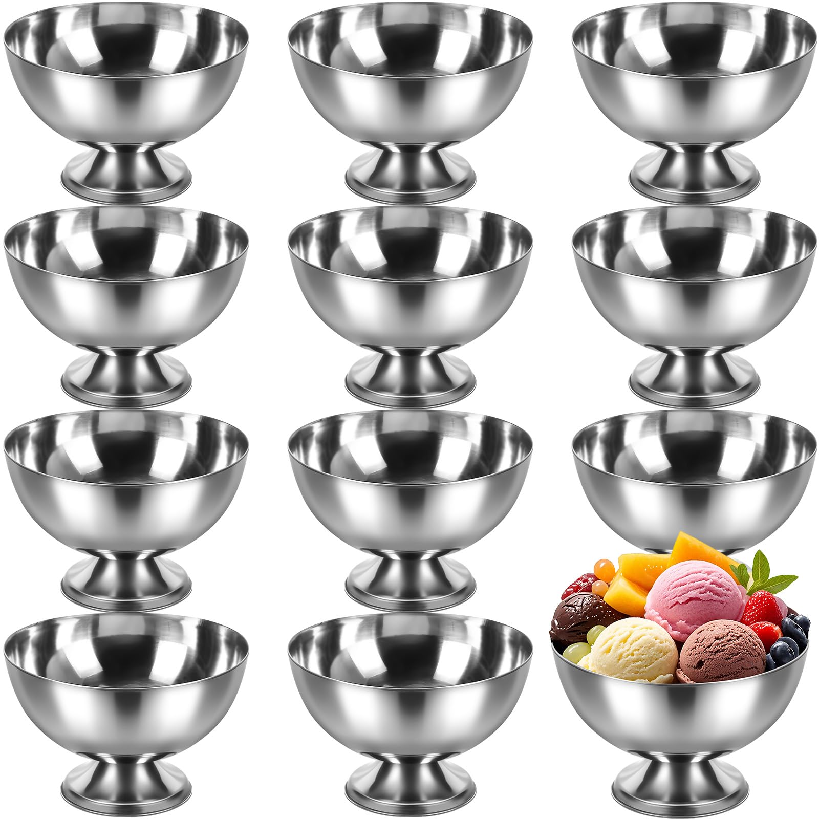 Photo 1 of Honeydak 12 Pcs Stainless Steel Ice Cream Bowl Serving Dessert Cup Sauce Bowls Dish Metal Dessert Glasses Salad Holder Round Footed Yogurt Snack Candy Cups for Fruit Pudding Christmas(4 Inch)