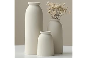 TINCTOTNIC Ceramic Vase Set-3, Small Flower Vases for Decor, Modern Boho Farmhouse Style, Decorative Vases for Pampas Grass & Dried Flowers, Distressed Finish (Beige)