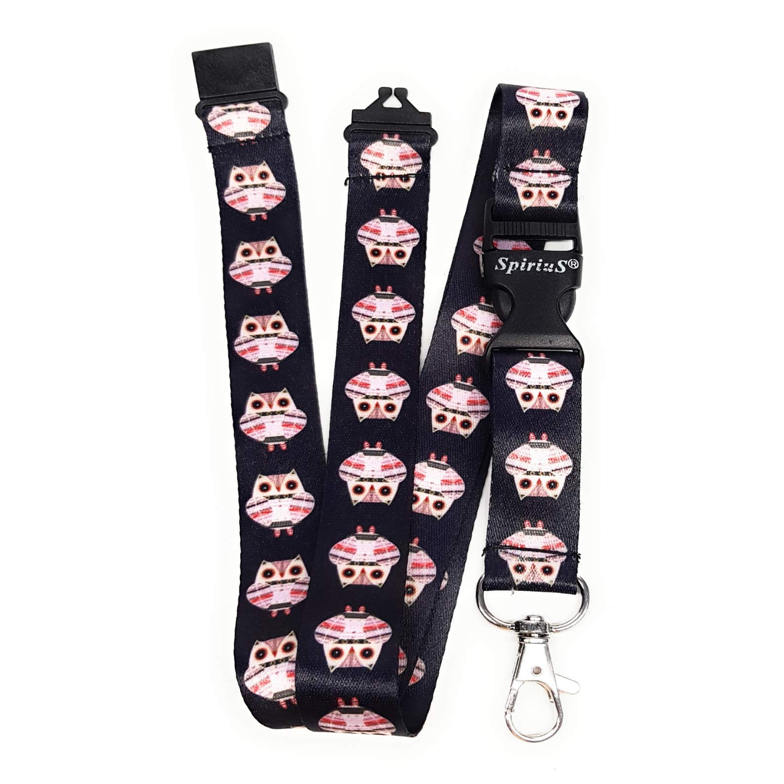 Spirius Owls Black Breakaway Lanyard Neck Strap with Safety Release Clip for Card Holder, ID Badge Holder, Key Holder (Owls)