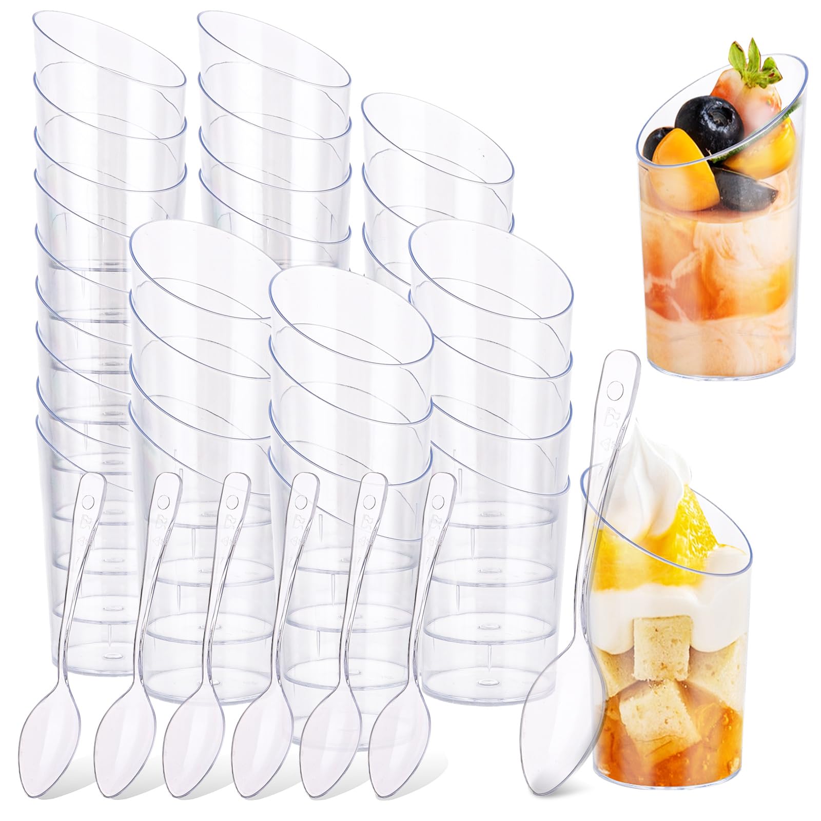 WOPPLXY 100 PCS Mini Angled Dessert Cups with Spoons, 65ml Plastic Dessert Pots Cylinder Dessert Cups, Clear Parfait Appetizer Cup Serving Cups for Party, Mousse, Pudding