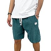 PLEPAN Mens Corduroy Shorts Casual Elastic Waist Drawstring Summer Beach Shorts