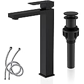 KENES Matte Black Bathroom Faucet Single Handle Tall Vessel Sink Faucet Vanity Bathroom Faucet Basin Mixer Tap with Water Supply Hose and Pop Up Sink Drain, LJ-9031A-2