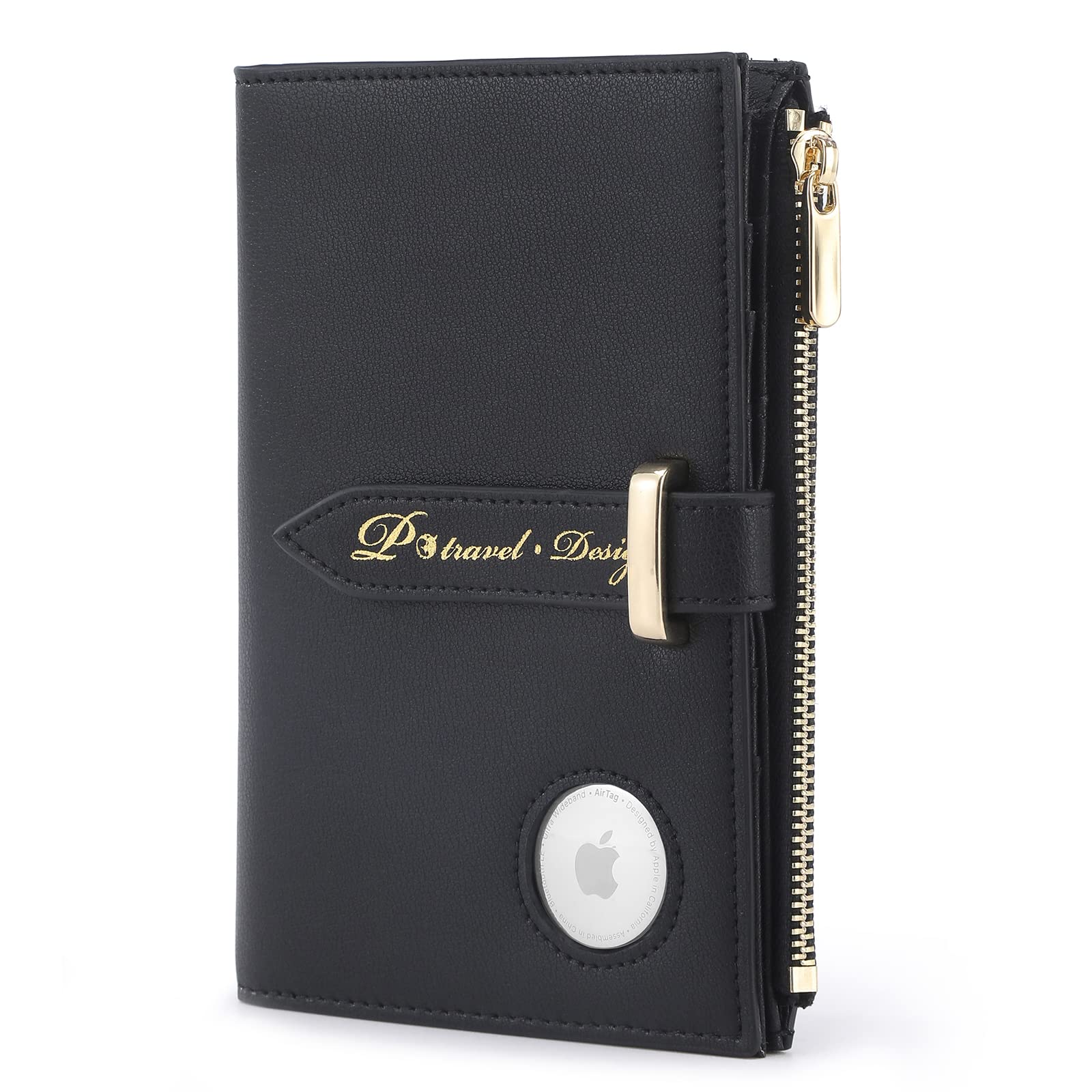 P TRAVEL · DESIGN Airtag Passport Holder for Women, RFID Blocking Travel Passport Case with Credit Card Holders, Bifold Air Tag Wallets for Ladies, Slim Thin Leather Passport Wallet with Zipper Pocket, Black