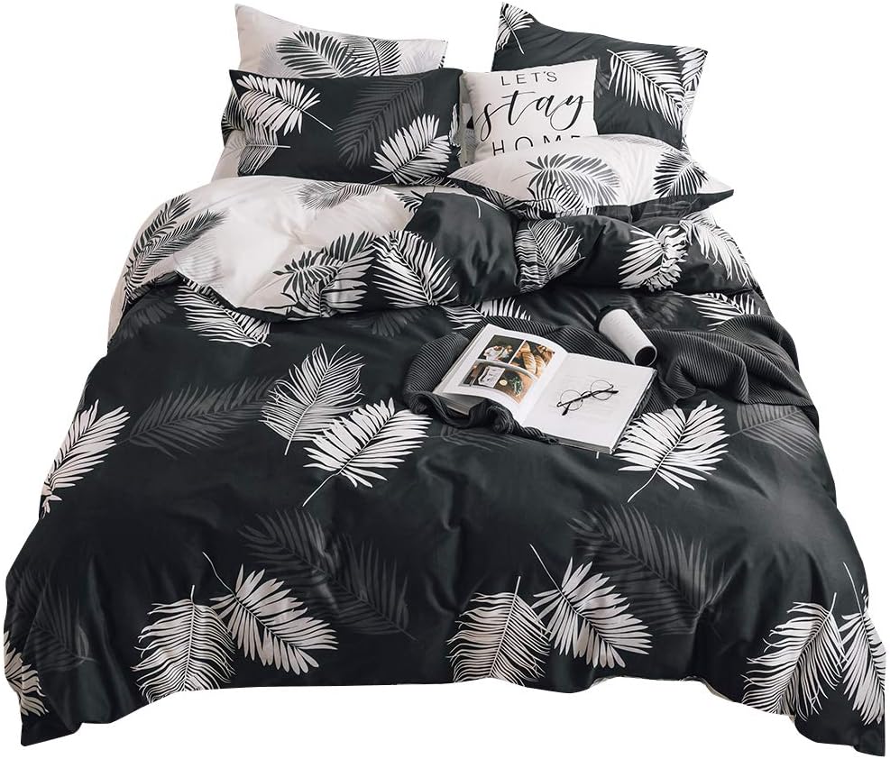 BuLuTu Cotton Duvet Cover Twin 3 Pieces Duvet Cover Set Black Botanical Palm Leaves White Tropical Plants Print Peacock Quilt Cover with Zipper Soft Breathable Lightweight for Home Bedding