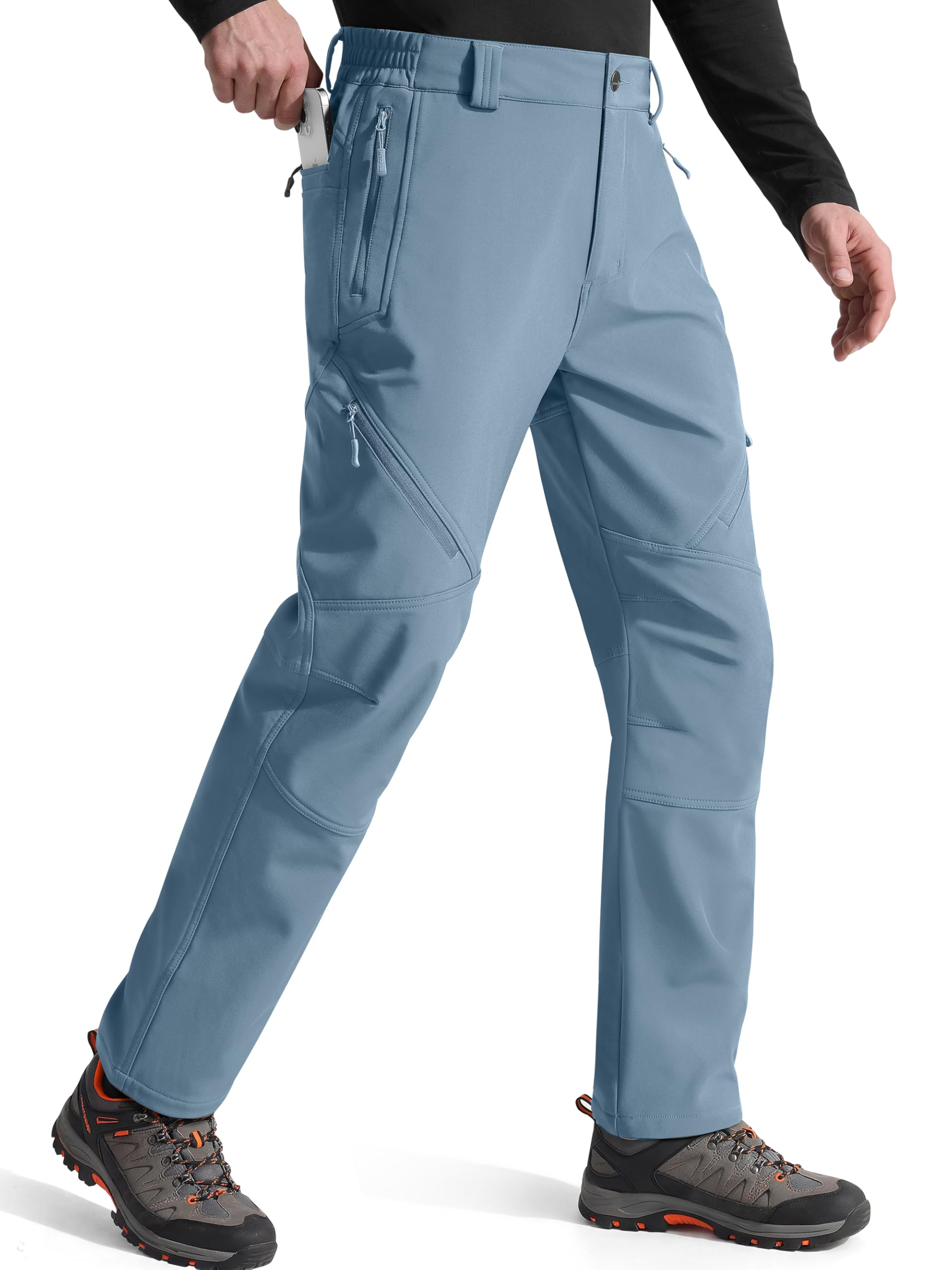 FREE SOLDIER Men's Fleece Lined Outdoor Cargo Hiking Pants Water Repellent Softshell Snow Ski Pants with Zipper Pockets(Gray Blue 36W x 30L) Image