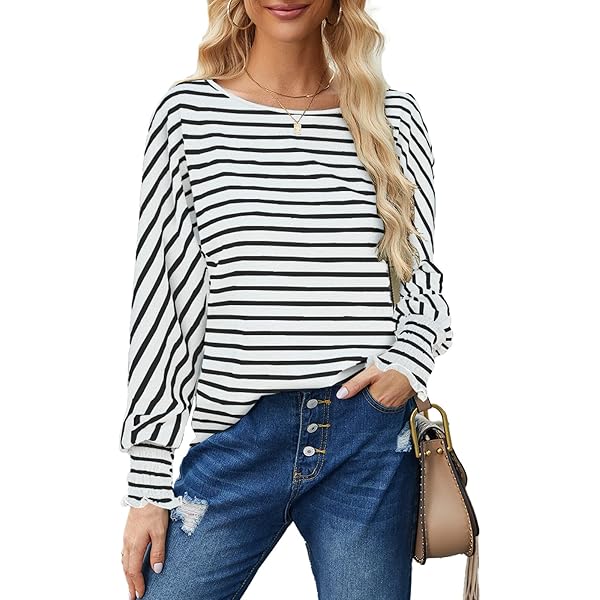 トップス Linen border long sleeves WSLCN Womens Casual Long Sleeve T-Shirt Boat Neck Slim