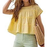 Babydoll Tops for Women Teens Y2k Short Sleeve Ruffle Flowy Crop Top Summer Cute Pleated Peplum Shirts Streetwear