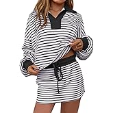 MAOECO Womens 2 Piece Set Striped Sweatshirt Skirt Set Casual Long Sleeve Skort Workout Matching Lounge Set with Pockets