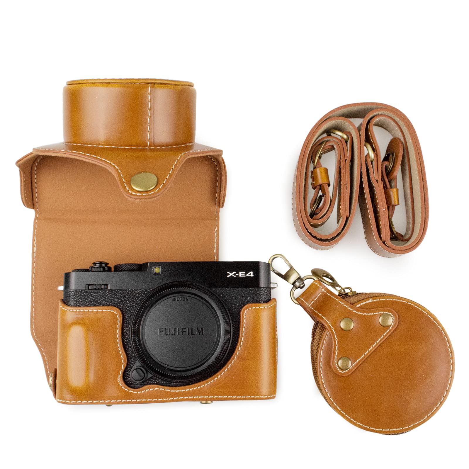 MUZIRI KINOKOO Fuji XE4 Case, Protective Case Compatible for Fujifilm X-E4/ XE4 Camera - PU Leather Half Case with Shoulder Strap - Brown