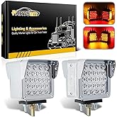 Partsam Double Face Square LED Fender Pedestal Lights Amber/Red 52 LED 3 Studs Mount Truck Trailer Stop Tail Turn Signal Lights Chrome Visor Waterproof w/Side Reflex Clearance Lights Clear Lens