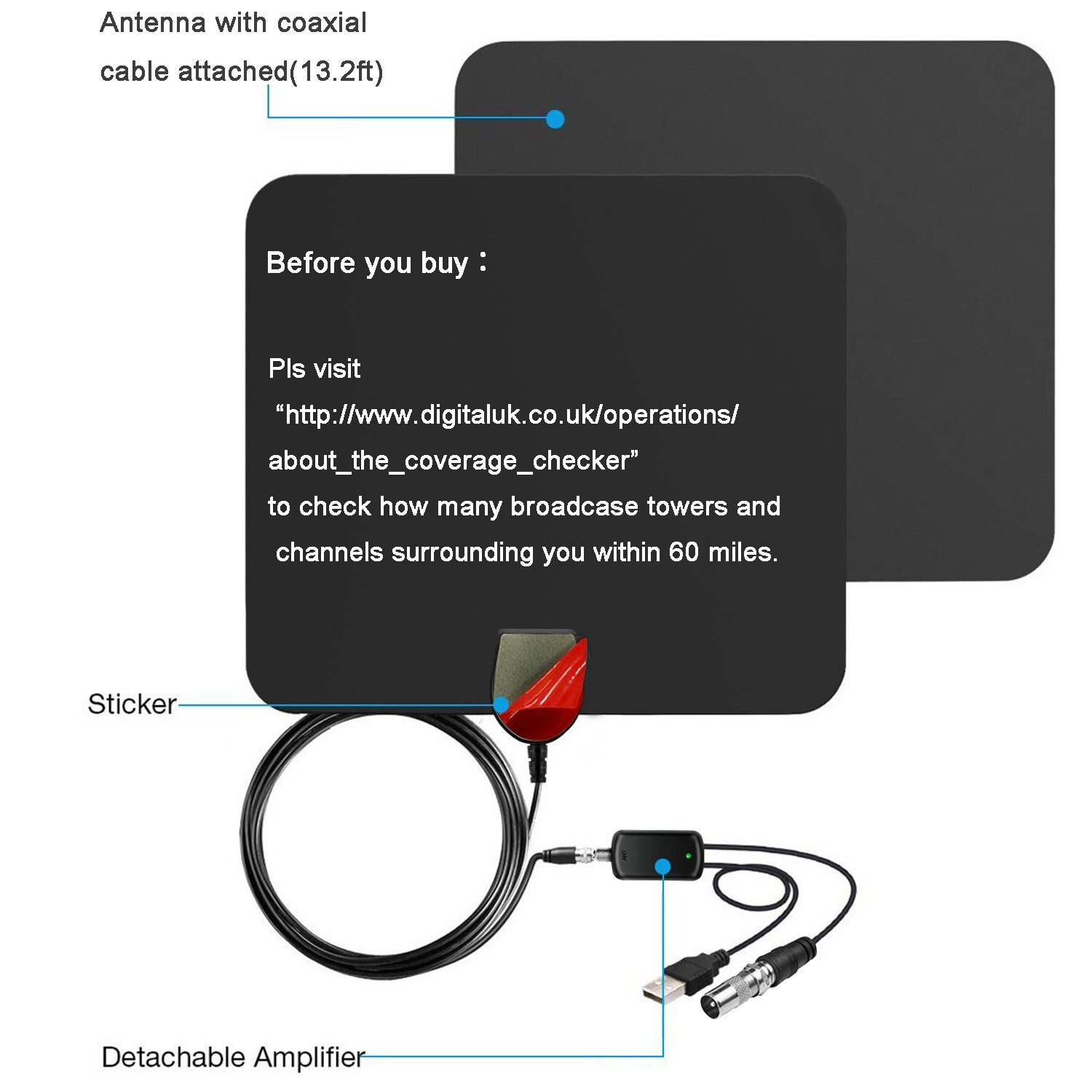 Mercase TV Aerial Indoor [Upgraded High Reception, 60 Miles Range, with Detachable Amplifier Signal Booster, 13.2ft Cable] Amplified 4K 1080P Digital HDTV Freeview Television Antenna