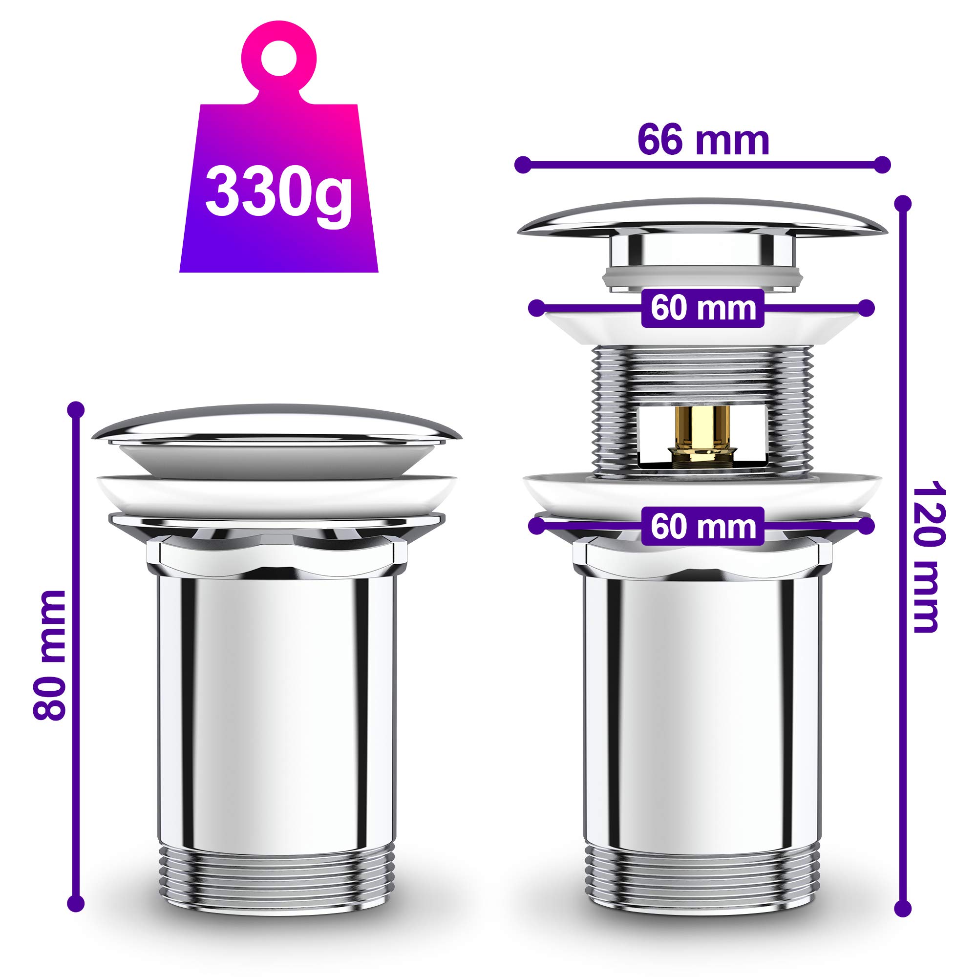 Premium Waschbecken Abflussgarnitur mit Überlauf - für Waschbecken & Waschtisch, Chrom Pop Up Ventil, Universal Ablaufventil Ablaufgarnitur aus Messing - Einbau mit Anleitung ohne Werkzeug