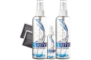 PURITY LENS CLEANER Purity Eyeglass Lens Cleaner Kit - 2 x 8oz and 1 x 2oz Lens Cleaner Spray Bottle + 2 Microfiber Cleaning Cloths - Safe for All Lenses (AR Coated Included), Eyeglasses and Screens - Clear